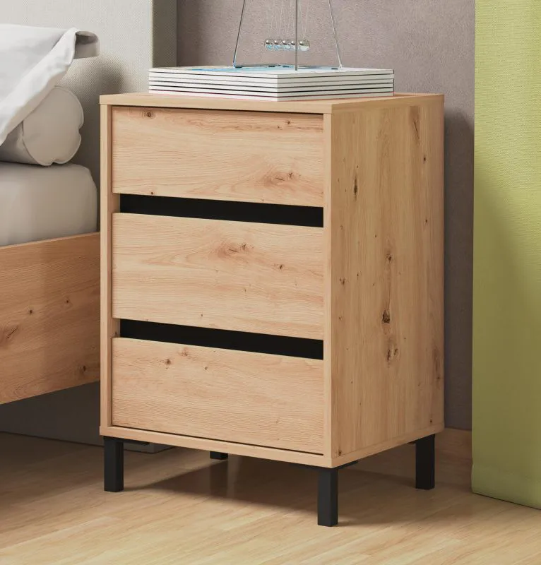 Nachtkommode | 3 Schubladen | Farbe: Eiche Artisan | modernes Design | ABS-Kanten | Maße: 48 x 40 x 71 cm | Nachtkästchen | Beine: Schwarz