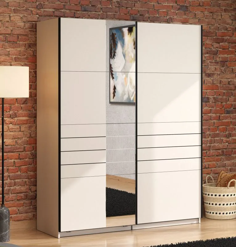 Schiebetürenschrank | Farbe: Kaschmir | 1 Spiegeltür | Maße: 145,5 x 60 x 217,5 cm | 2 Kleiderstangen | 2 Fächer | Kleiderschrank | ABS-Kanten