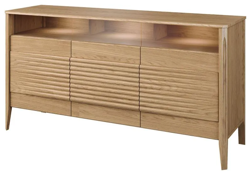Kommode mit LED-Beleuchtung Gorica 07, in Eiche Gold, 85 x 161 x 50 cm, Soft Close System, teilmassiv, Antisol-Glas Bronze, 3 Türen und 9 Fächer