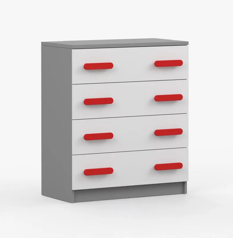 80 cm breite Kommode | Smolikas 13 | Weiß / Grau | 4 geräumige Schubladen | rote Holzgriffe | 90 x 80 x 40 cm | Kinder | Jugend