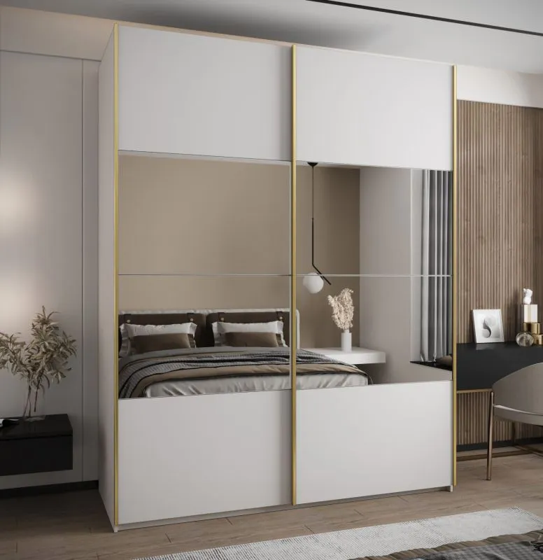 Kleiderschrank / Schiebetürenschrank | 11 Fächer | 2 Schiebetüren | Farbe: Weiß | 2 Kleiderstangen | Spiegel | Soft-Close | 245,5 x 190 x 64 cm
