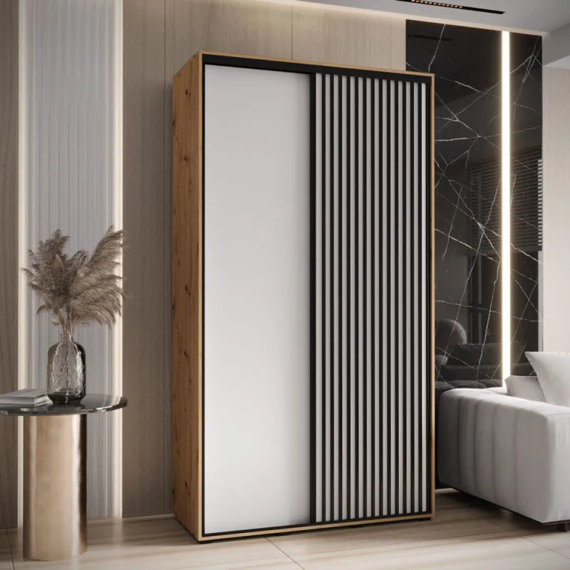 Schiebetürenschrank Mina in Eiche/Weiß, Front aus laminierter Platte, Anti Staubbürsten, schwarze Metallgriffe, platzsparend, 235,2 x 130 x 60 cm