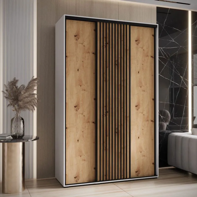 Kleiderschrank Mina mit Schiebetüren in Weiß/Eiche gehalten, Anti Staubbürsten, platzsparend, viel Stauraum, 235,2 x 150 x 60 cm, robustes Material