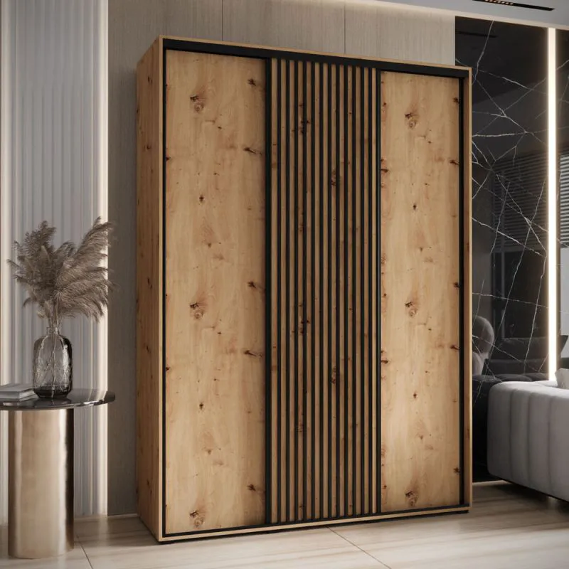 Eichenfarbener Kleiderschrank Mina, viel Stauraum, schwarze Lamellen, Stahlgriff in schwarz, Anti Staubbürsten inklusive, 235,2 x 180 x 60 cm