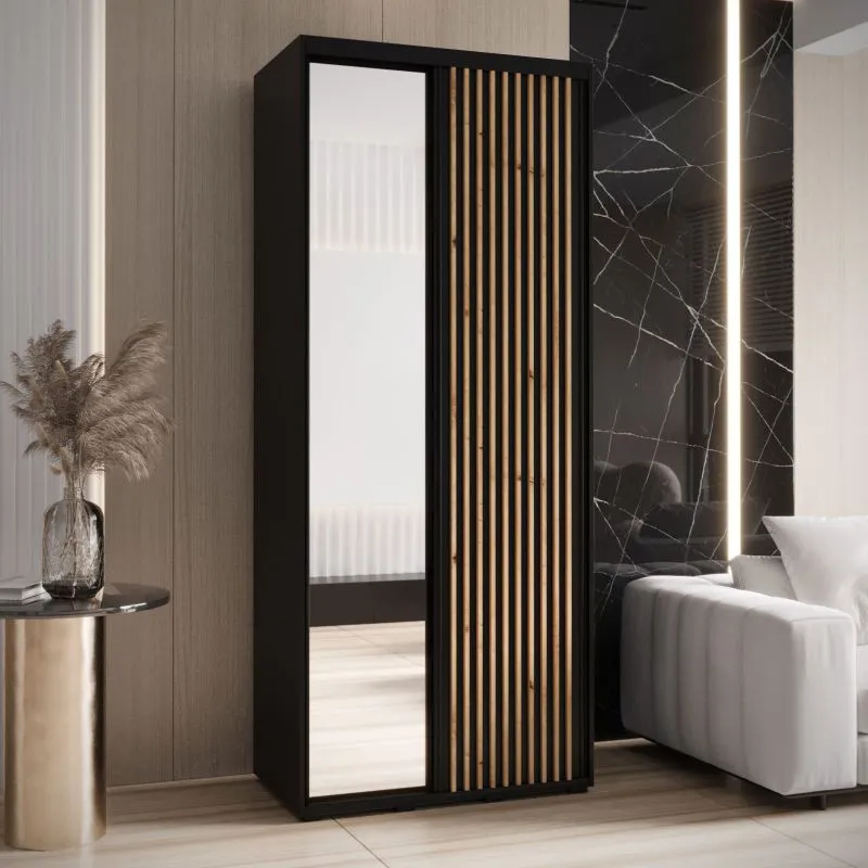 Schwarzer Kleiderschrank Mina mit Schiebetüren, Anti Staubbürsten, viel Stauraum, auch für Wohnzimmer geeignet, Großer Spiegel, 235,2 x 110 x 60 cm