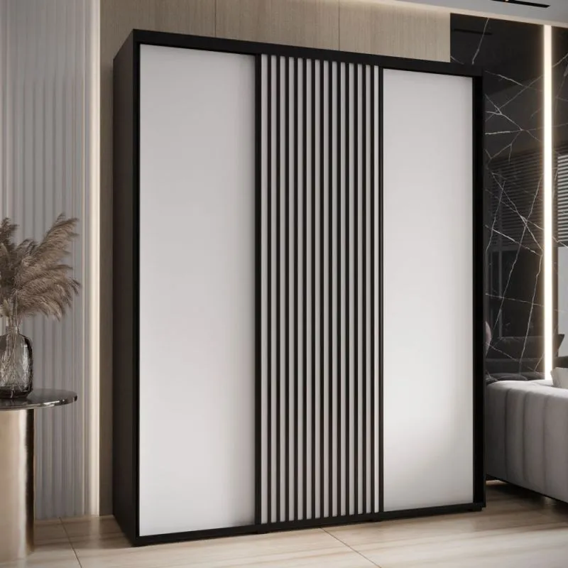 Kleiderschrank Mina mit Schiebetüren, Weiß/Schwarz gehalten, modern, viel Stauraum, Lamellen in Schwarz, Anti Staubbürsten, 235,2 x 200 x 60 cm