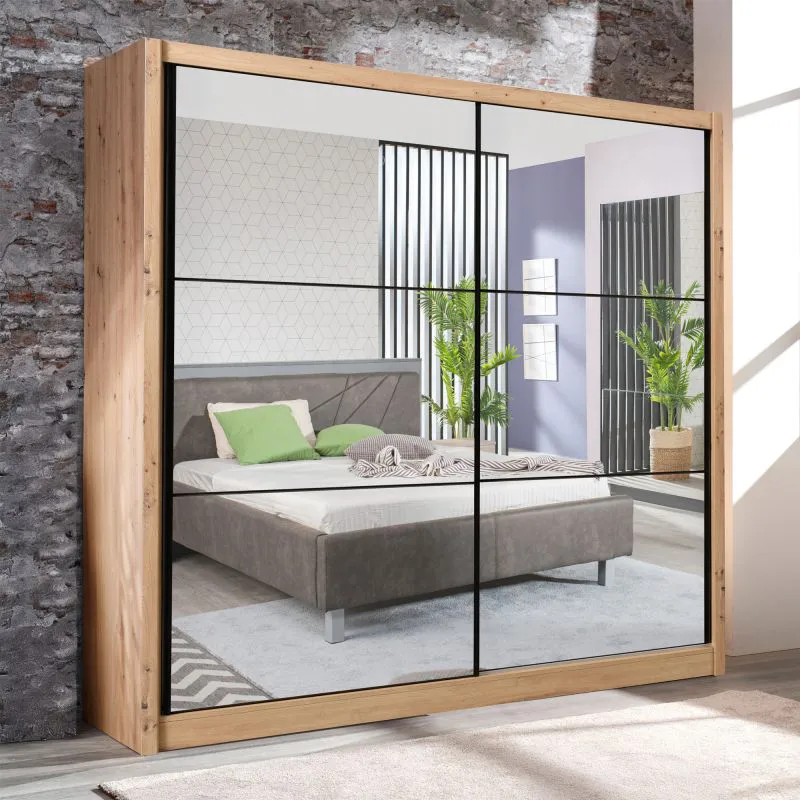 Schiebetürenschrank mit zwei Spiegeltüren Panevo 05, Farbe: Eiche Artisan, eine Kleiderstange, sechs Fächer, Maße: 215,5 x 213 x 60 cm, genügend Stauraum