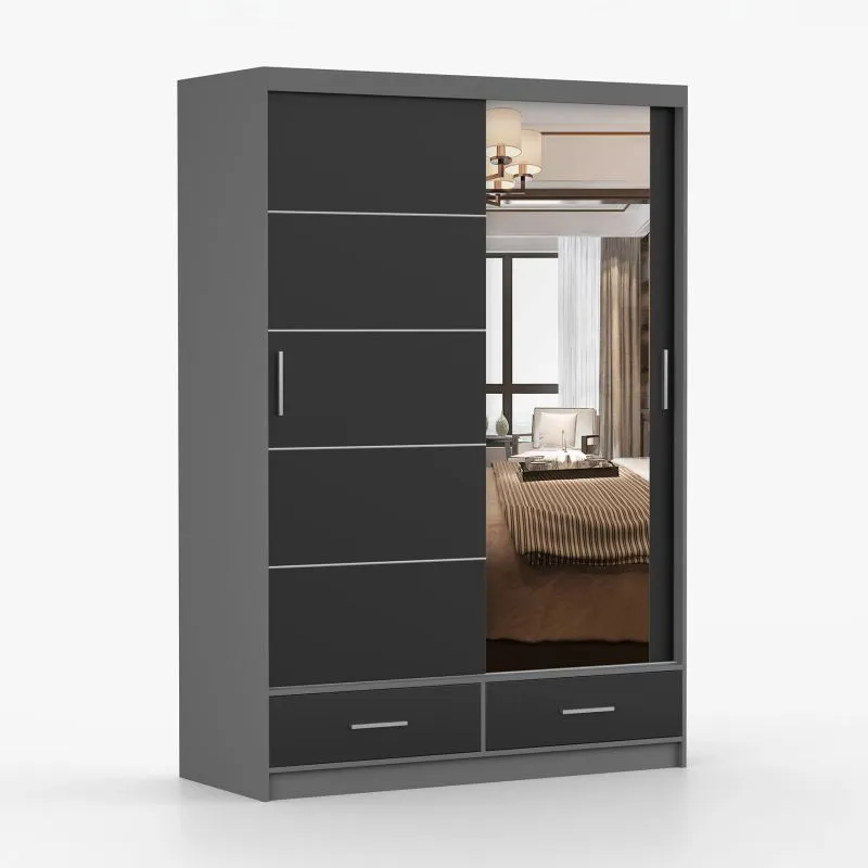 1,5 Meter breiter Schiebetürenschrank / Kleiderschrank mit Spiegel | Grau / Schwarz | Lusatian 10 | 218 x 150 x 61 cm | 2 Schubladen | 6 Fächer