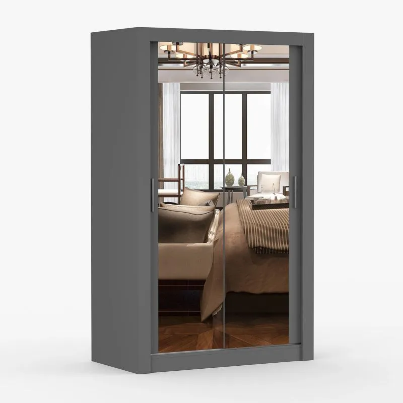 1,2 Meter breiter Schiebetürenschrank / Kleiderschrank mit Spiegel Grau | Biokovo 07 | 215 x 120 x 64 cm | 2 Türen | 7 Fächer |  Einfarbig | eckig
