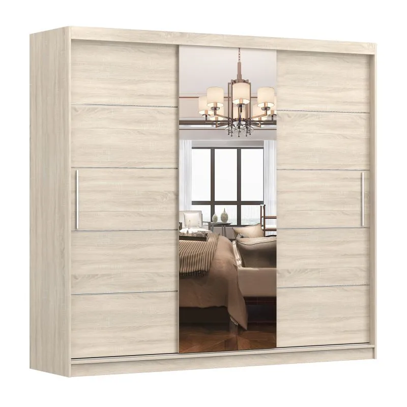 Schiebetürenschrank / Kleiderschrank | mit Spiegel | Eiche | Gorski 72 | 218 x 233 x 61 cm | 3 Türen | 12 Fächer | viel Stauraum | Einfarbig