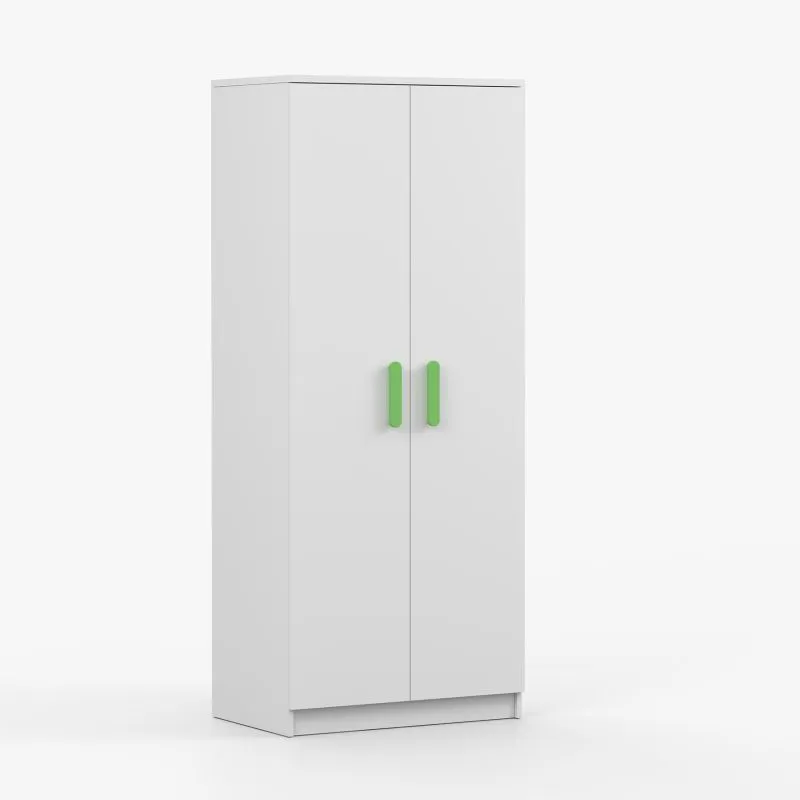Kleiderschrank / Drehtürenschrank | Smolikas 68 | Weiß | 2 Türen | 192 x 80 x 50 cm | 5 Fächer | grüne Holzgriffe | 1 Kleiderstange | eckig