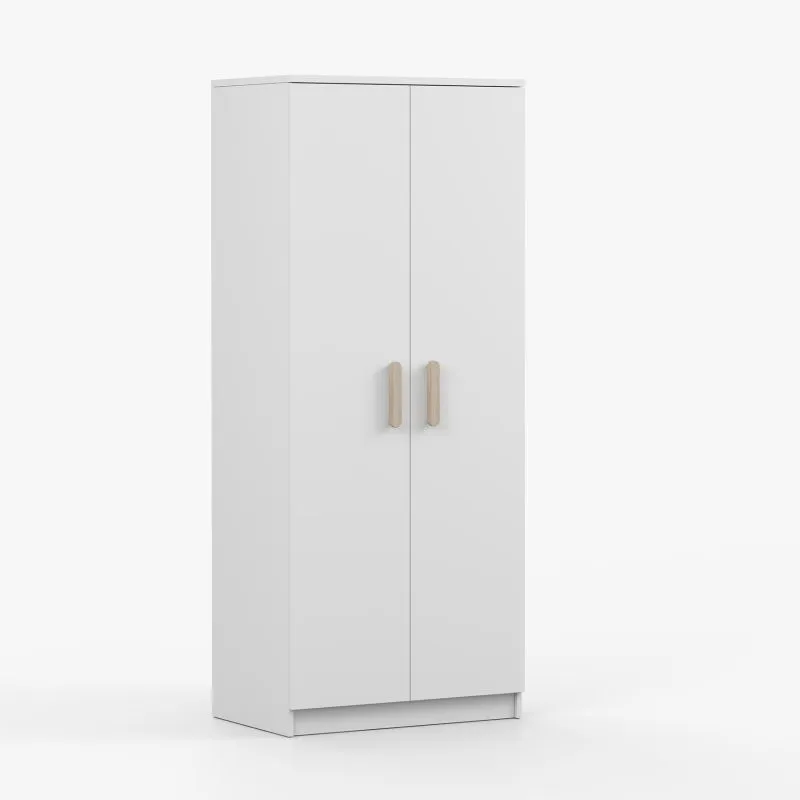 Kleiderschrank / Drehtürenschrank | Weiß | Smolikas 71 | 2 Türen | 1 Kleiderstange | 192 x 80 x 50 cm | 5 Fächer | braune Holzgriffe | eckig