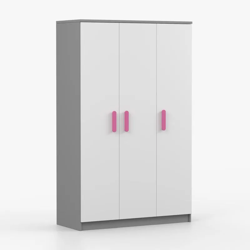 Drehtürenschrank / Kleiderschrank | 192 x 120 x 50 cm | Holzgriffe | Weiß / Grau | Kleiderstange | 9 Fächer | Smolikas 109 | 3 Türen | Kleiderstange