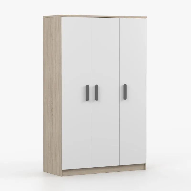 Drehtürenschrank / Kleiderschrank Weiß / Sonoma Eiche | Smolikas 107 | 192 x 120 x 50 cm | 3 Türen | 9 Fächer | Holzgriffe | 1 Kleiderstange