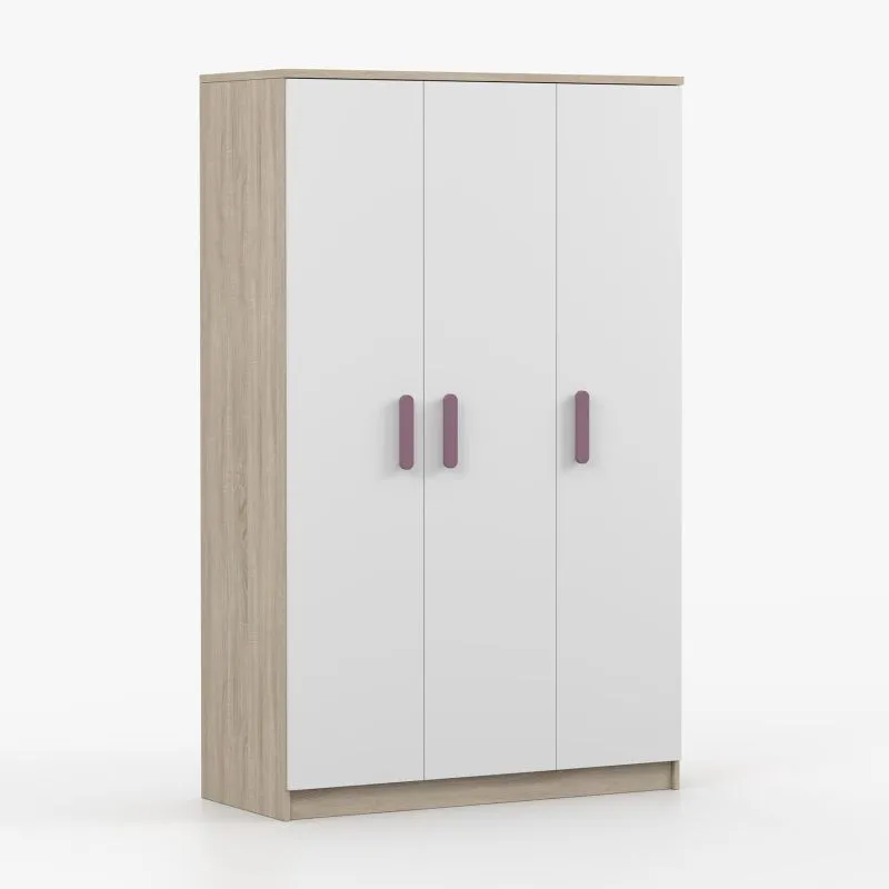 Kleiderschrank / Drehtürenschrank | Holzgriffe | 192 x 120 x 50 cm | 9 Fächer | Kleiderstange | Weiß / Sonoma Eiche | Smolikas 105 | 3 Türen