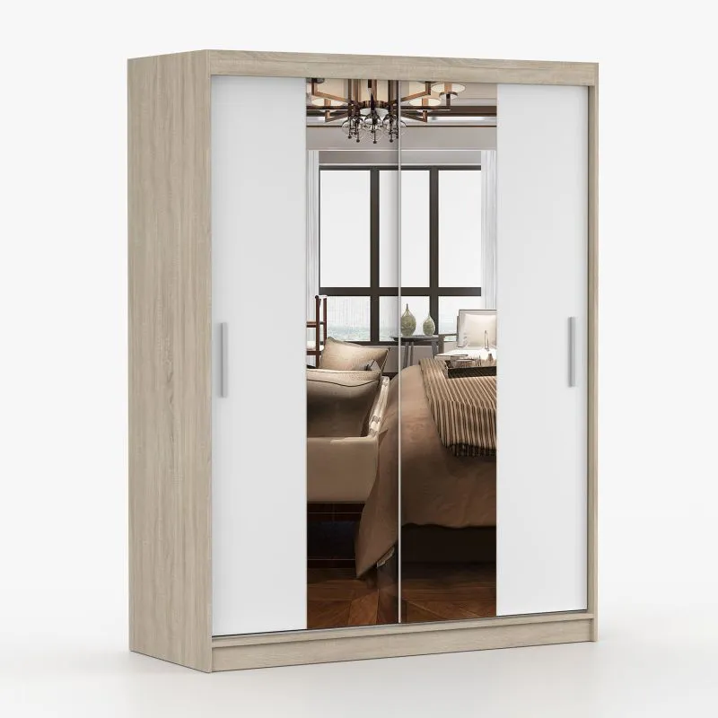 Schiebetürenschrank / Kleiderschrank | Spiegel | 200 x 150 x 61 cm | Weiß / Sonoma Eiche | Bucegi 02 | 2 Türen | 6 Fächer | Griffe: Aluminium