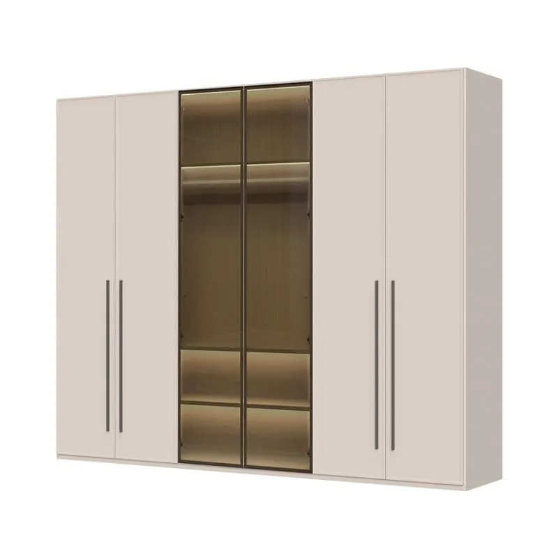 Kleiderschrank mit zwei Glastüren Neiafu 20, Farbe: Kaschmir, inkl. Innenbeleuchtung, Soft-Close-System, drei Kleiderstangen, Maße: 224 x 272 x 56 cm