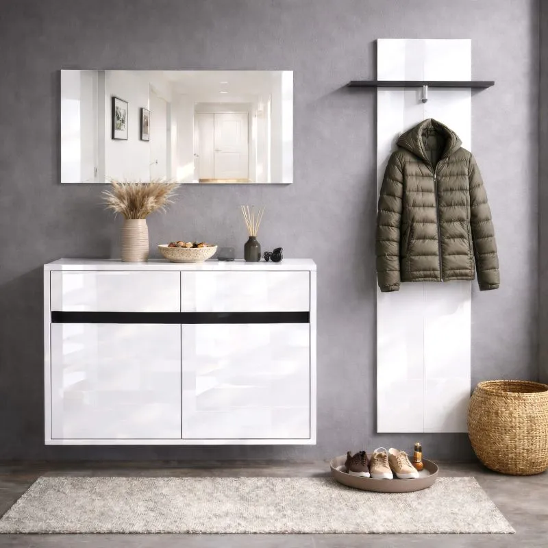 Garderobe Komplett - Set Palvudo | Farbe: Weiß Hochglanz / Schwarz | 3-teilig | 2 Schubladen | 3 große Fächer | Kleiderstange | 2 Türen |