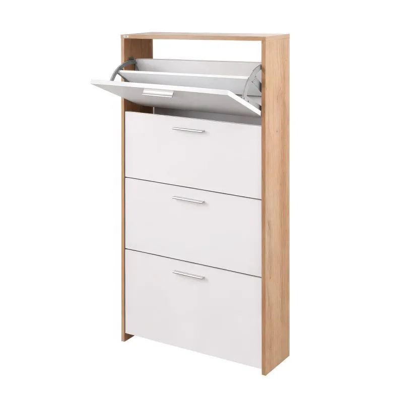 Schuhschrank Belvun 4 | Farbe: Eiche Artisan/Weiß matt | 4 Kippfächer | viel Stauraum auf wenig Fläche | 69 x 25 x 151 cm | Garderobe | Flur