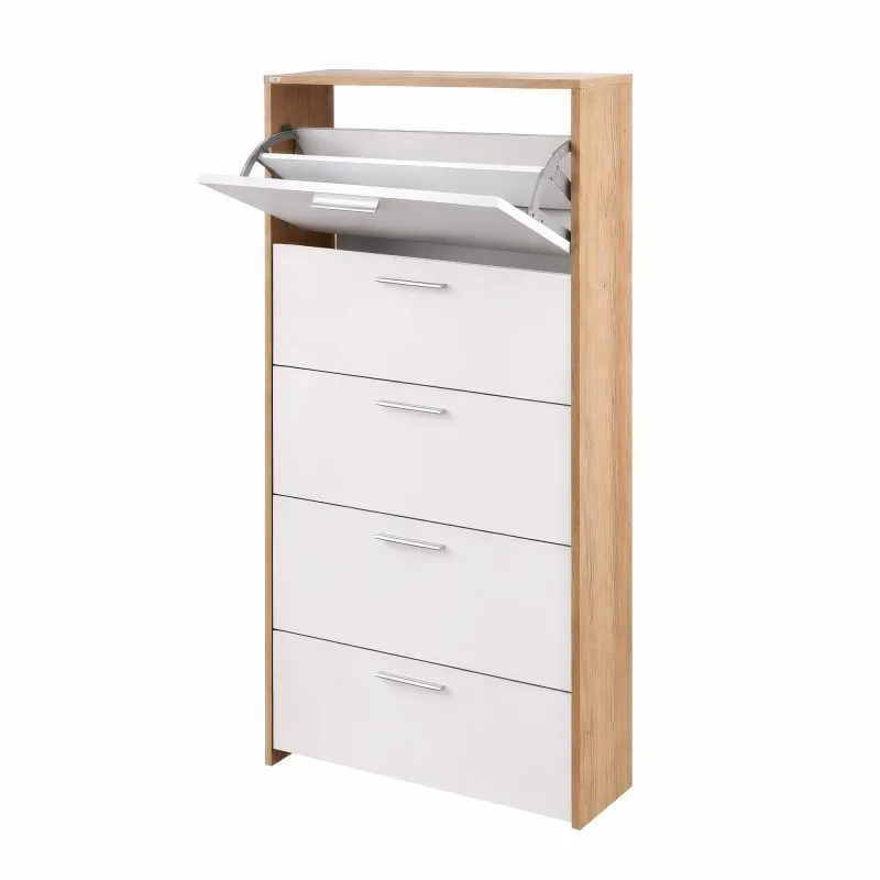 Schuhschrank Belvun 5 | Farbe: Eiche Artisan/Weiß matt | 5 Kippfächer | viel Stauraum auf wenig Fläche | 69 x 25 x 187 cm | Garderobe | Flur