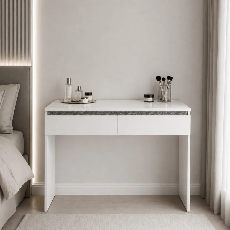Schminktisch Simoa | Farbe: Nimfea alba / Dark concrete | 2 Schubladen | inkl. Spiegel| 120 x 41,8 x 83 cm | Frisiertisch | Schlafzimmer