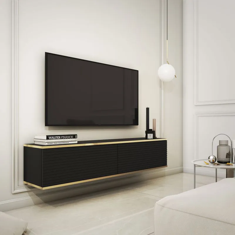 Moderner TV-Unterschrank mit edler Optik Horsham 01, Farbe: Schwarz - Abmessungen: 30 x 135 x 32 cm (H x B x T), mit Push-to-open Funktion