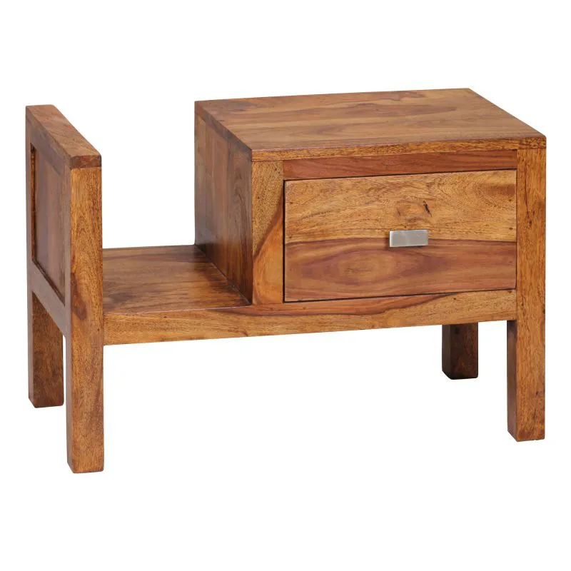 Praktischer Nachttisch aus Sheesham Massivholz, Farbe: Sheesham - Abmessungen: 40 x 60 x 30 cm (H x B x T), mit Schublade & extra Zeitungsfach