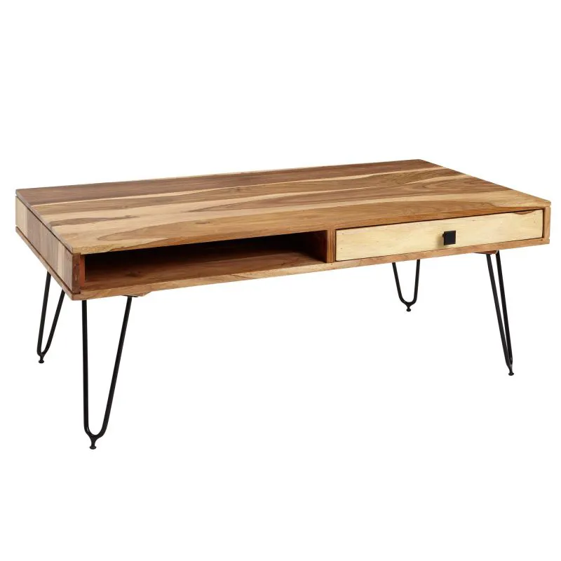 Stilvoller Couchtisch aus Akazie Massivholz, Farbe: Akazie / Schwarz - Abmessungen: 60 x 60 x 110 cm (H x B x T), mit 2 Schubladen