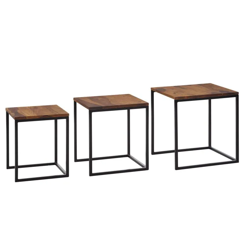 Wohnzimmertisch 3er Set aus Sheesham Massivholz, Farbe: Sheesham - Abmessungen: 40 x 40 x 42 / 35 x 35 x 39 / 30 x 30 x 36 cm (B x T x H)