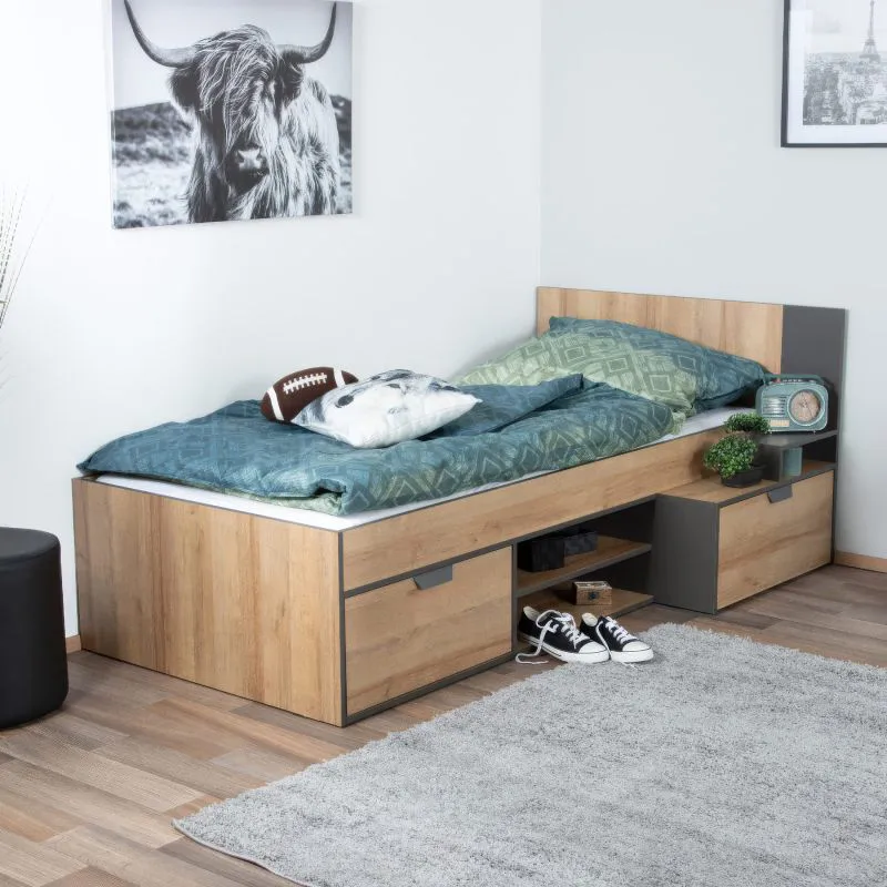 Kinderbett / Jugendbett Sprimont 13, Farbe: Grau / Eiche - 90 x 200 cm (B x L)