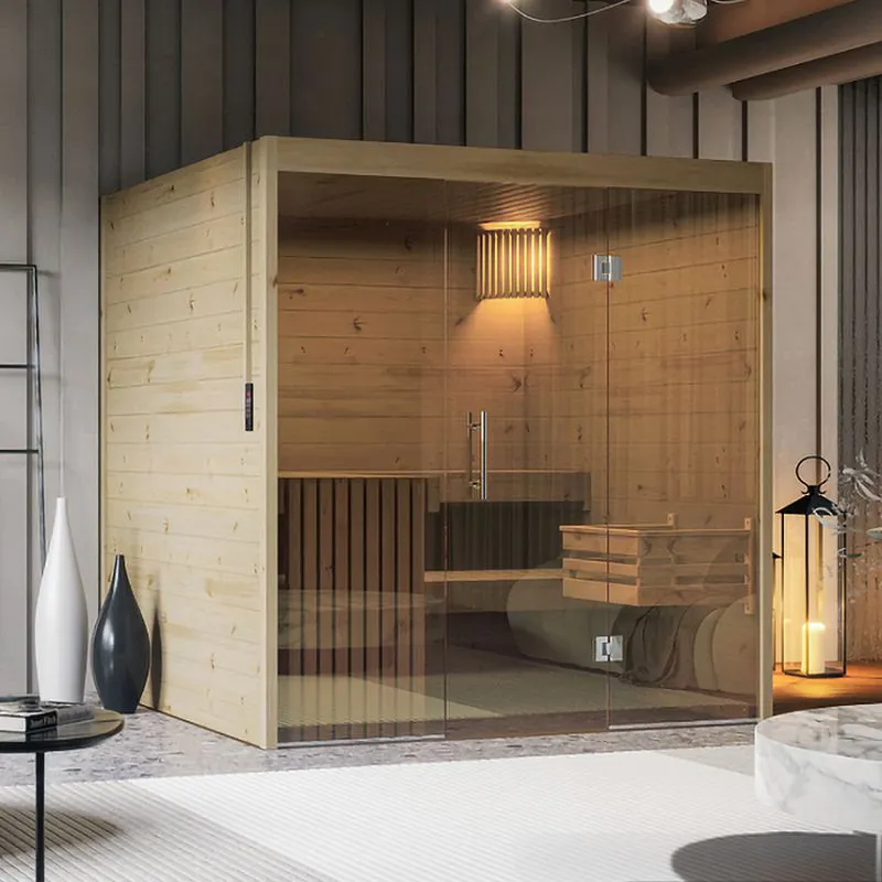 Sauna Indoor-Sauna Sauna-Bausatz Redcentre 01 mit 3 Bänken, Fichte Natur, 196 x 159 x 203 cm, 2 Kopfstützen, Beleuchtung