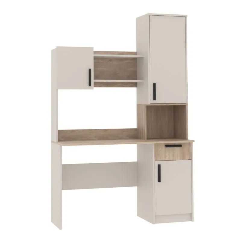 Schreibtisch mit Schrankanbau | Fafe 20 | Kaschmir / Eiche Cremona | 3 Tür | 1 Schublade | 2 offene Fächer | Soft Close | 195 x 125 x 52,5 cm