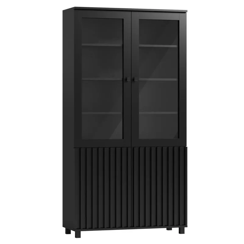 Vitrine in Schwarz, 200 x 106 x 40 cm, mit 2 Glastüren und 2 Holztüren, 12 Fächer, Metallbeine, ABS-Kanten, elegantes Design, quadratische Griffe