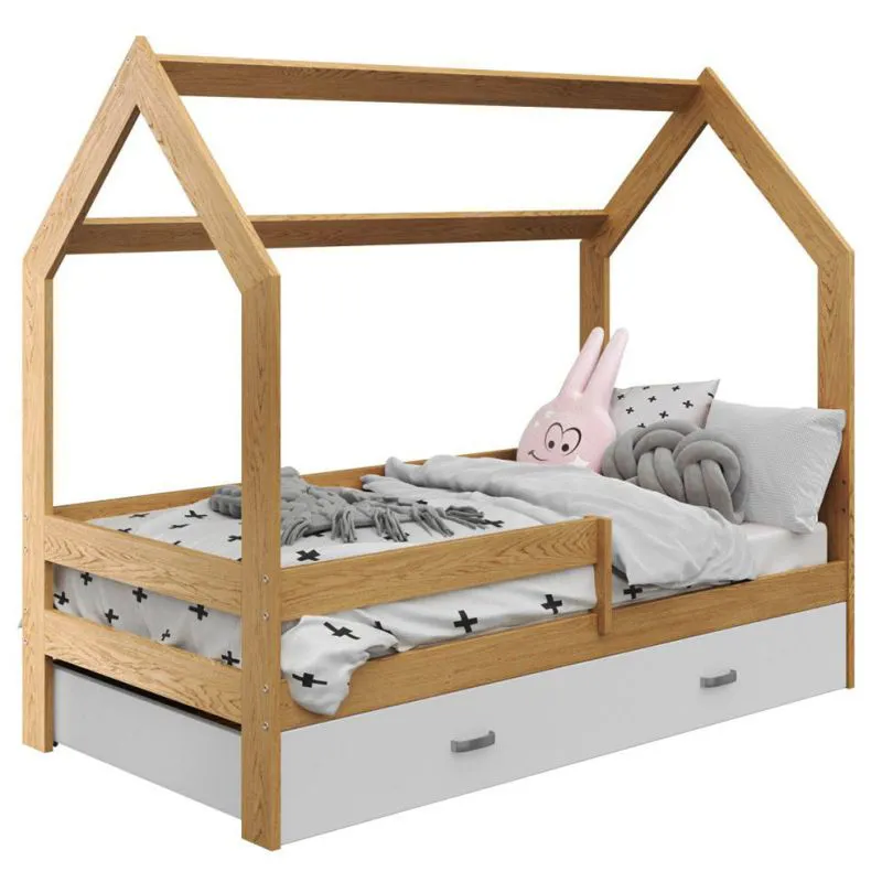 Bettrahmen für Kinder / Kinderbett mit Rausfallschutz 80 x 160 cm | Massivholz: Kiefer | Natur Lackiert | inkl. Schublade und Lattenrost Abbildung