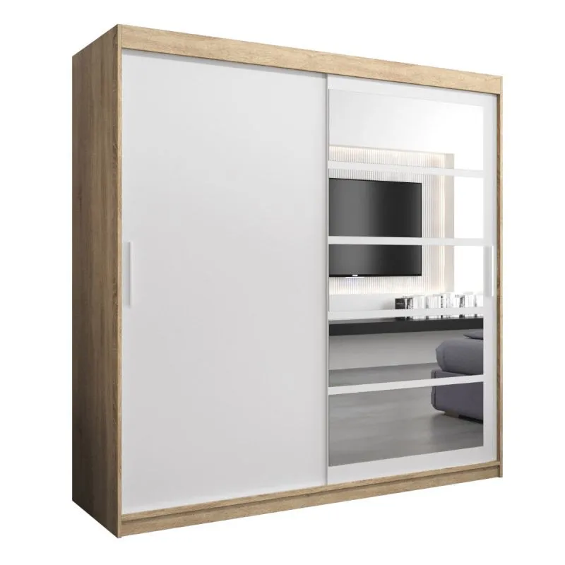 200 cm breiter Kleiderschrank mit 10 Fächern und 2 Türen | Farbe: Sonoma Eiche / Weiß Abbildung