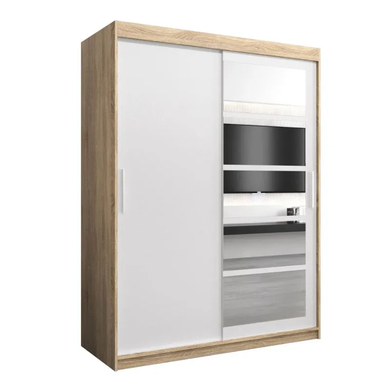 180 cm breiter Schiebetürenschrank mit 2 Türen | 10 Fächer | 2 Kleiderstangen | Farbe: Sonoma Eiche / Weiß Abbildung
