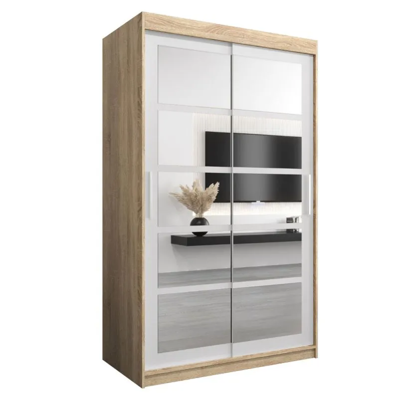 120 cm breiter Schiebetürenschrank mit 2 Türen | 5 Fächer | 2 Kleiderstangen | Farbe: Sonoma Eiche / Weiß Abbildung