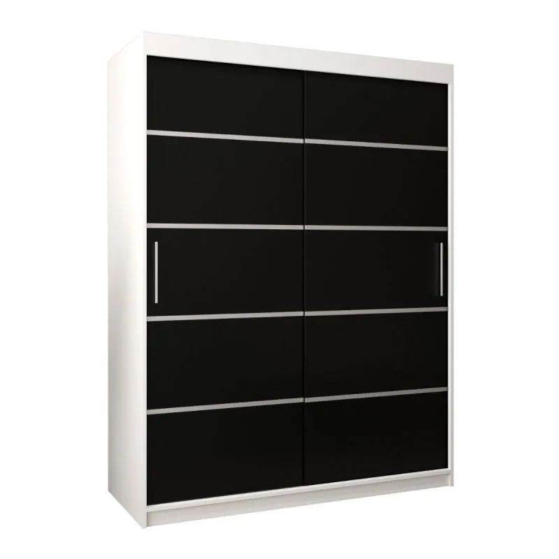 150 cm breiter Schiebetürenschrank mit 2 Türen | 5 Fächer | 2 Kleiderstangen | Farbe: Weiß / Schwarz Abbildung