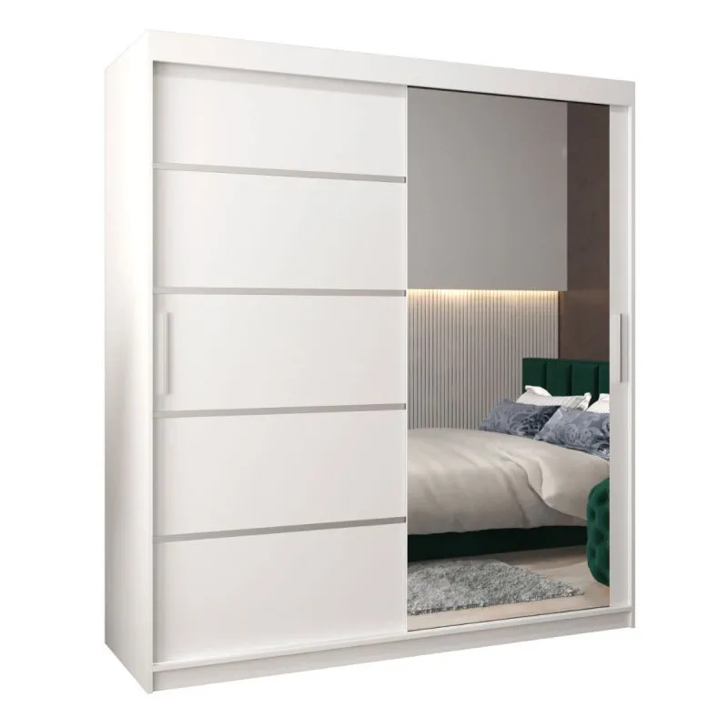 180 cm breiter Schiebetürenschrank mit 2 Türen | 10 Fächer | 2 Kleiderstangen | Farbe: Weiß Abbildung