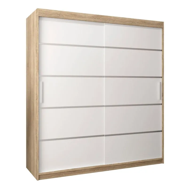 180 cm breiter Schiebetürenschrank mit 2 Türen | 10 Fächer | 2 Kleiderstangen | Farbe: Sonoma Eiche / Weiß Abbildung