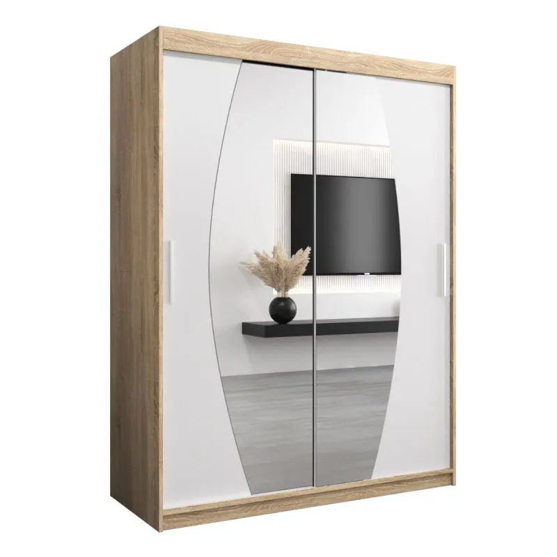 150 cm breiter Schiebetürenschrank mit 2 Türen | 5 Fächer | 2 Kleiderstangen | Farbe: Sonoma Eiche / Weiß Abbildung