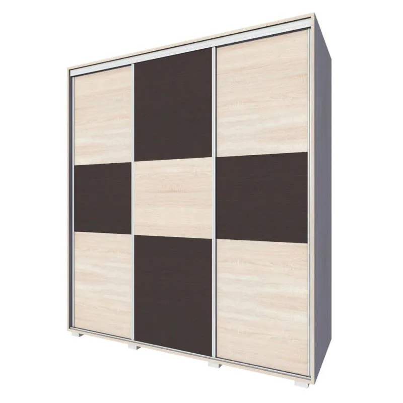 Kleiderschrank | 3 Schiebetüren | 4 Schubladen | 9 Fächer | inkl. Kleiderstange | 180 cm breit | Farbe: Sonoma Eiche Abbildung