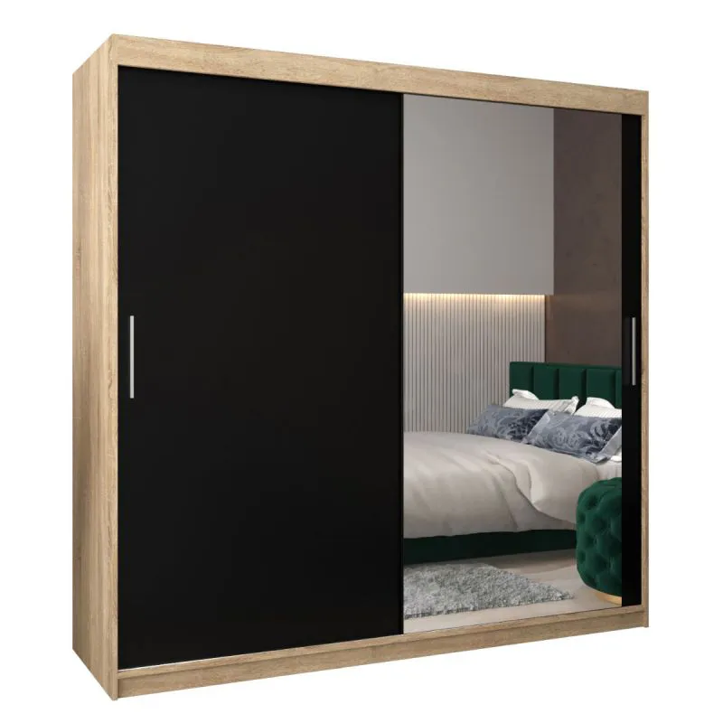 200 cm breiter Schiebetürenschrank mit 2 Türen | 10 Fächer | 2 Kleiderstangen | Farbe: Sonoma Eiche Abbildung