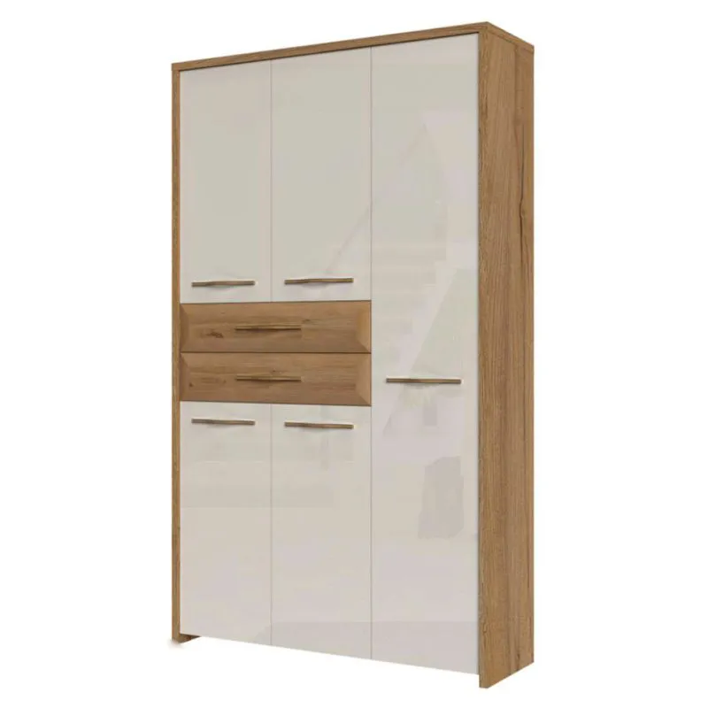 114 cm breiter Kleiderschrank mit 5 Türen, 12 Fächern und 2 Schubladen | Farbe: Beige | Tiefe: 36 cm Abbildung