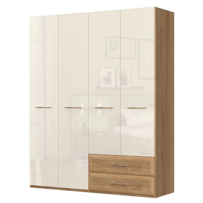 182 cm breiter Kleiderschrank mit 4 Türen, 5 Fächern und 2 Schubladen | Farbe: Beige | Tiefe: 56 cm Abbildung