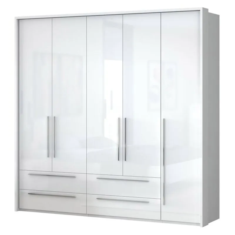 Kleiderschrank | 5 Drehtüren | 4 Schubladen | 5 Fächer | mit 3 Kleiderstangen | 232 cm breit | Farbe: Weiß Abbildung
