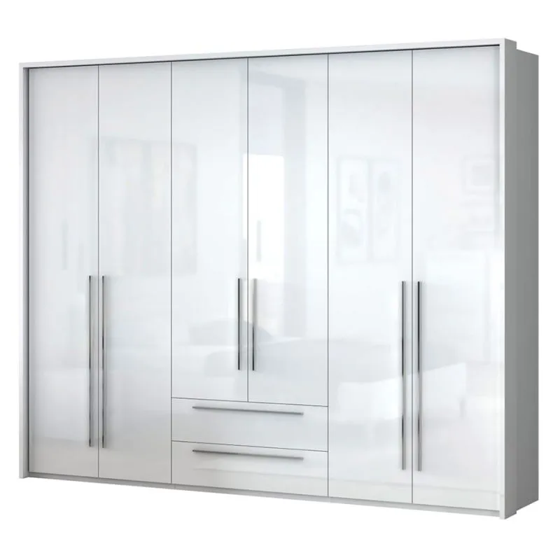 Kleiderschrank | 6 Drehtüren | 2 Schubladen | 7 Fächer | mit 3 Kleiderstangen | 277 cm breit | Farbe: Weiß Abbildung