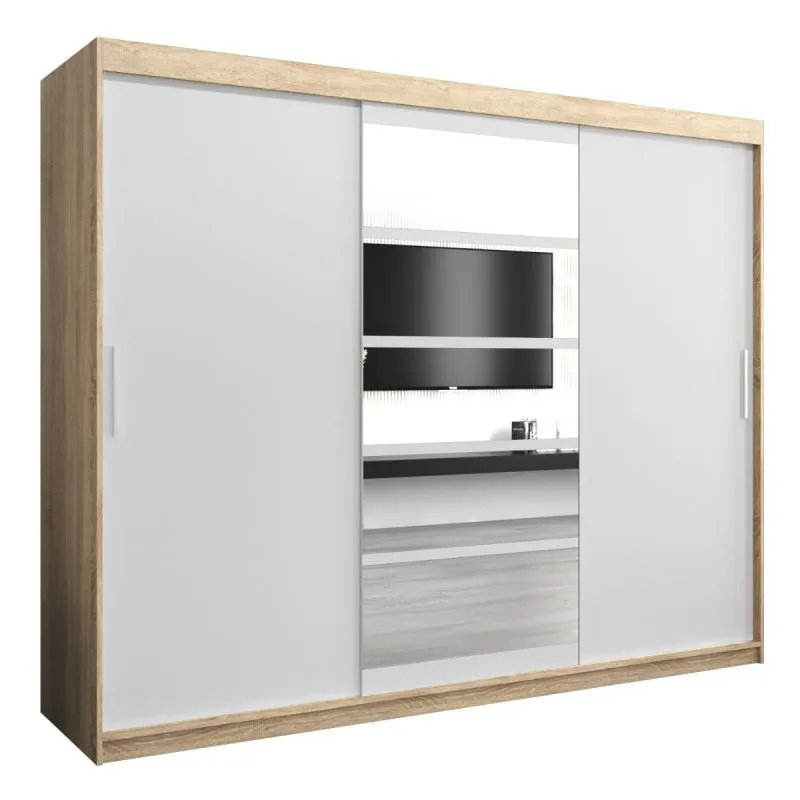 250 cm breiter Schiebetürenschrank mit 3 Türen | 10 Fächer | 2 Kleiderstangen | Farbe: Sonoma Eiche / Weiß Abbildung