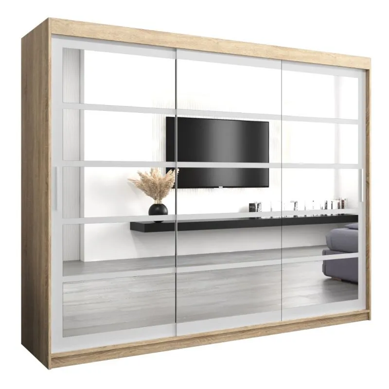 250 cm breiter Schiebetürenschrank mit 3 Türen | 10 Fächer | 2 Kleiderstangen | Farbe: Sonoma Eiche / Weiß Abbildung