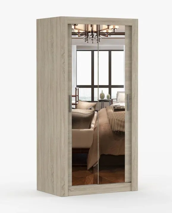 Kleiderschrank / Schiebetürenschrank | Biokovo 02 | Eiche | mit Spiegel | 7 Fächer | 2 Türen | 200 x 100 x 64 cm | Einfarbig | Griffe silberfarben
